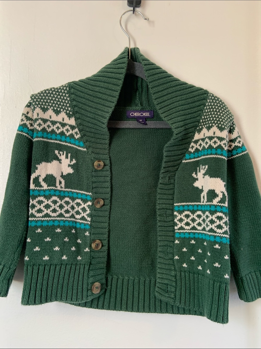 Cherokee Forest Green Shawl-Collar Moose Cardigan with Cream Accents